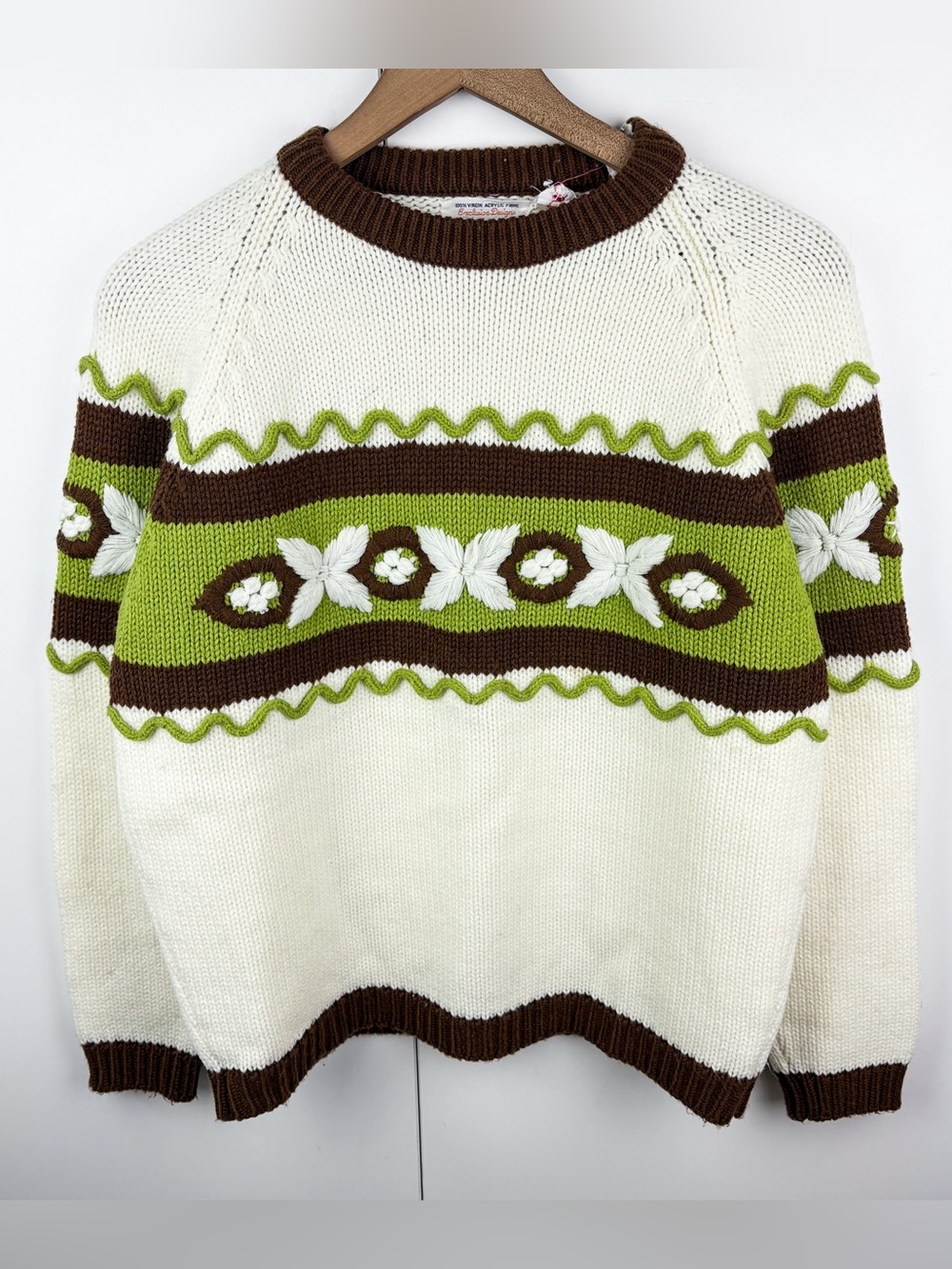 Vintage 70s Floral Embroidered Fair Isle Sweater Lime Green Brown Cottagecore